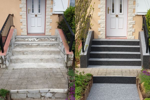 Escalier en carrelage abimé rénové en moquette de pierre