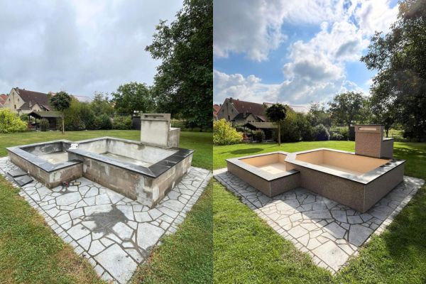 Fontaine rénovée en marbre résine ou moquette de pierre