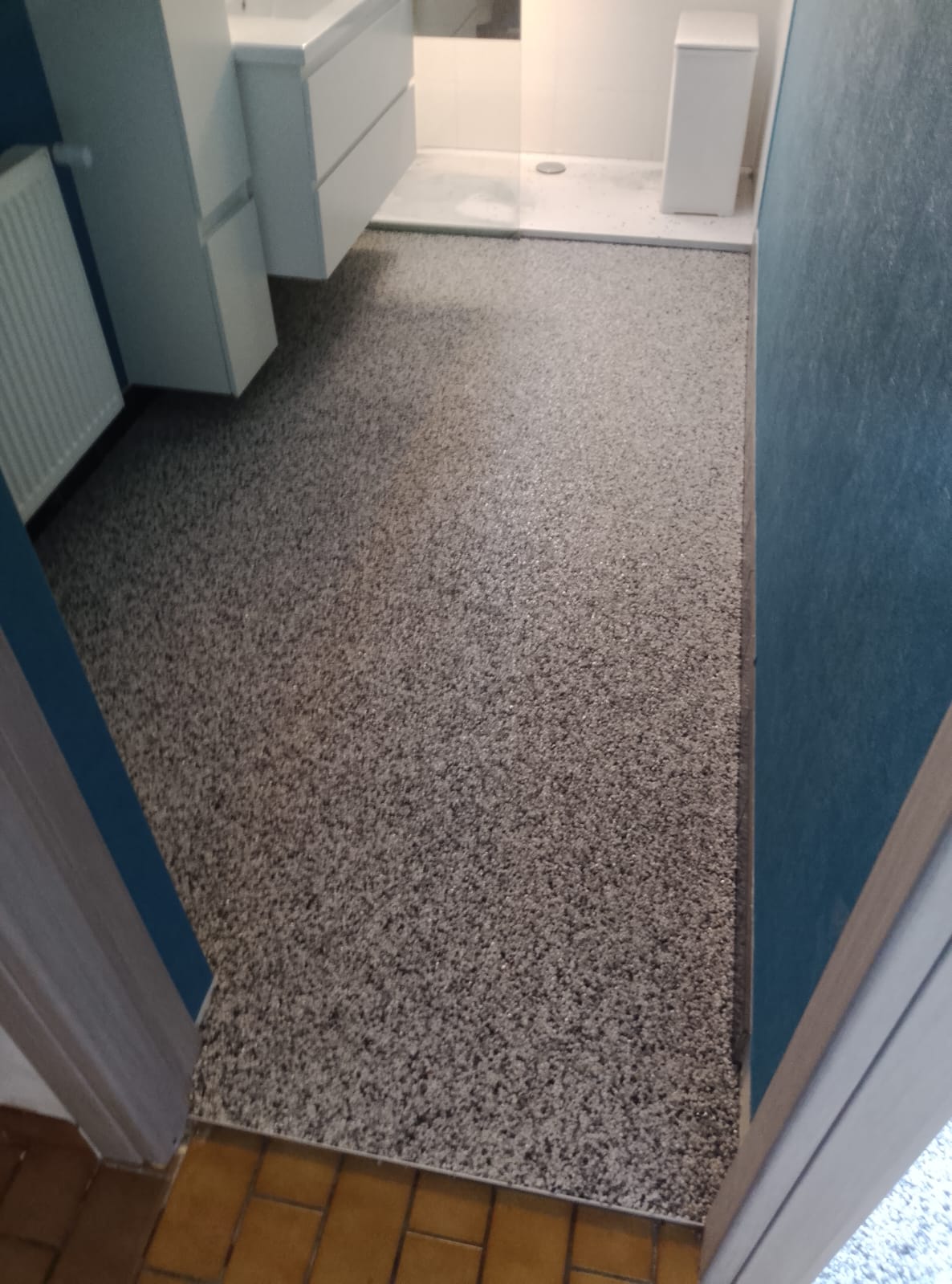 Salle de bain avec sol en moquette de pierre intérieure